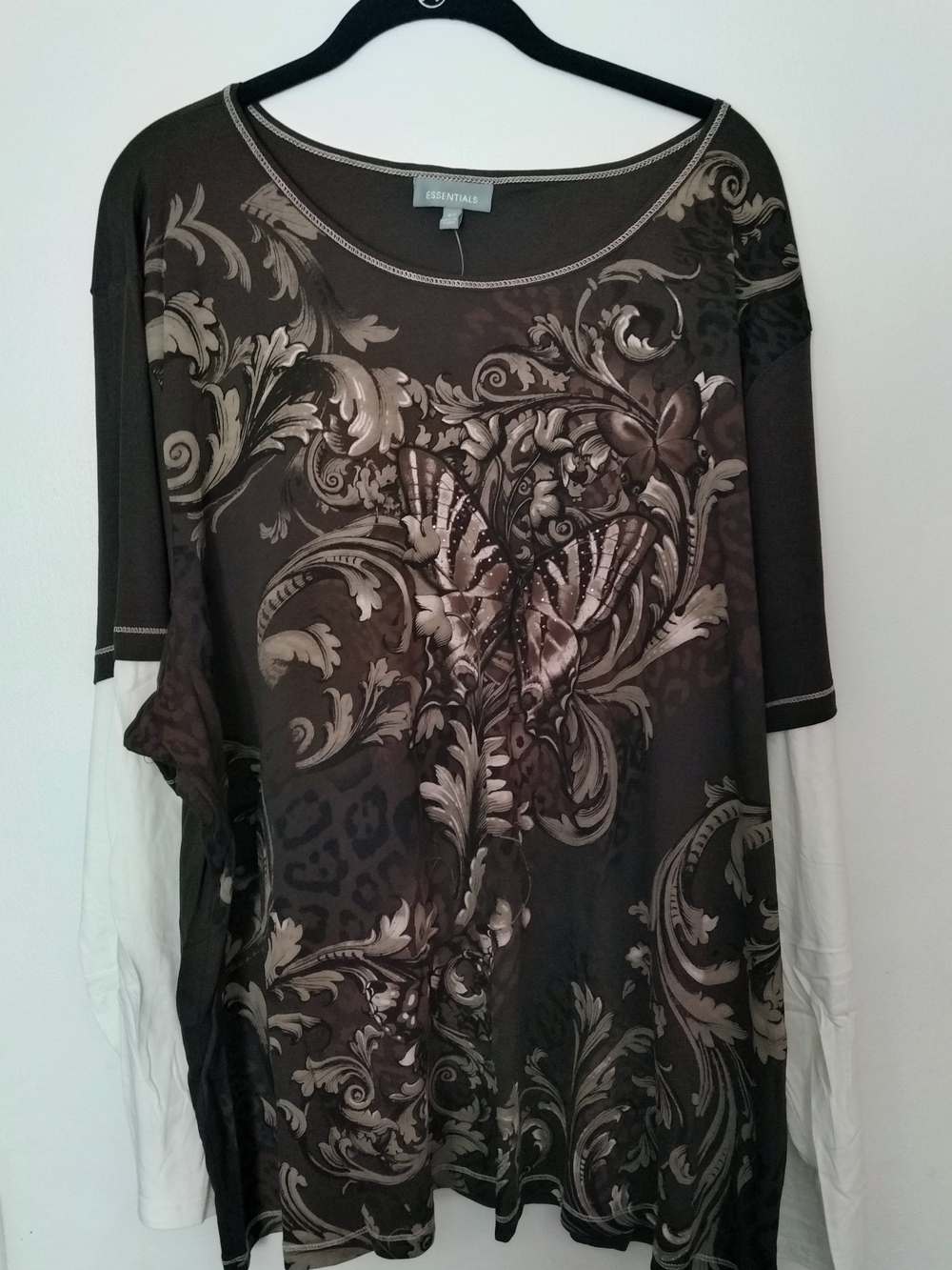 Essentials Brown and White Baroque Butterfly Layered Long-Sleeve Top